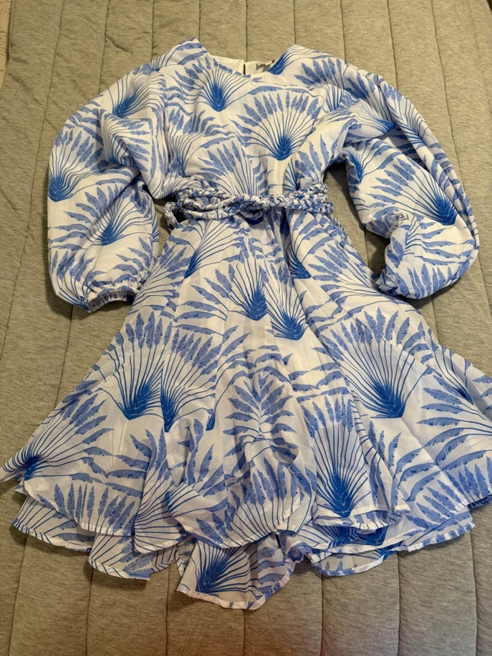 Blue & White Printed Mini Dress with Braided Waist